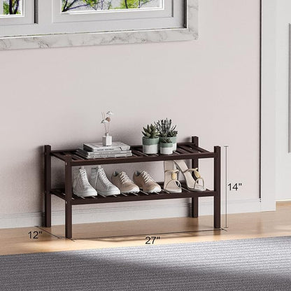 ROMGUAR CRAFT 2 Tier (Thick) Bamboo Shoe Rack for Closet Free Standing Wood Shoe Shelf for Entryway Small Space Stackable 27"x12"x14" (Black Brown)