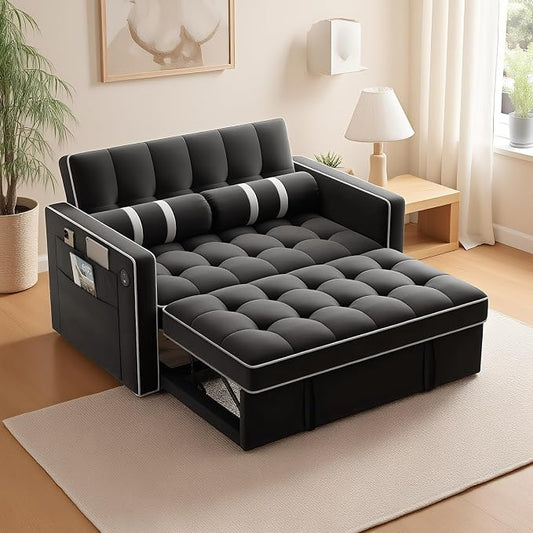 Marsail 3-in-1 Convertible Futon Sleeper Sofa Bed, Pull Out Couch with Adjustable Backrest, USB Charging & Side Pockets, Velvet Fabric Sofa for Living Room, Apartment, Loveseat, Dark Black