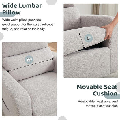 Swivel Rocker Recliner, Oversized Teddy Manual Nursery Glider Rocking Recliner with Removable Cushion, Upholstered Boucle Swivel Reclining Chair for Nursery Living Room Bedroom, Grey