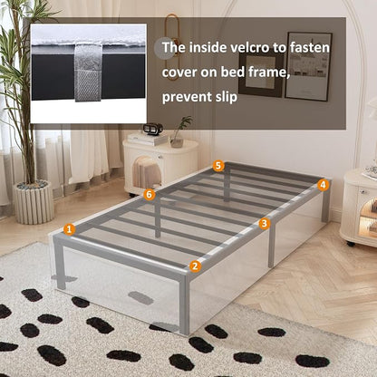 Maenizi 14 Inch XL Twin Bed Frame with White Fabric Cover, Heavy Duty Metal Twin XL Platform Bed Frame, No Box Spring Needed, Support Up to 2500 lbs, Easy Assembly, Noise Free, Black