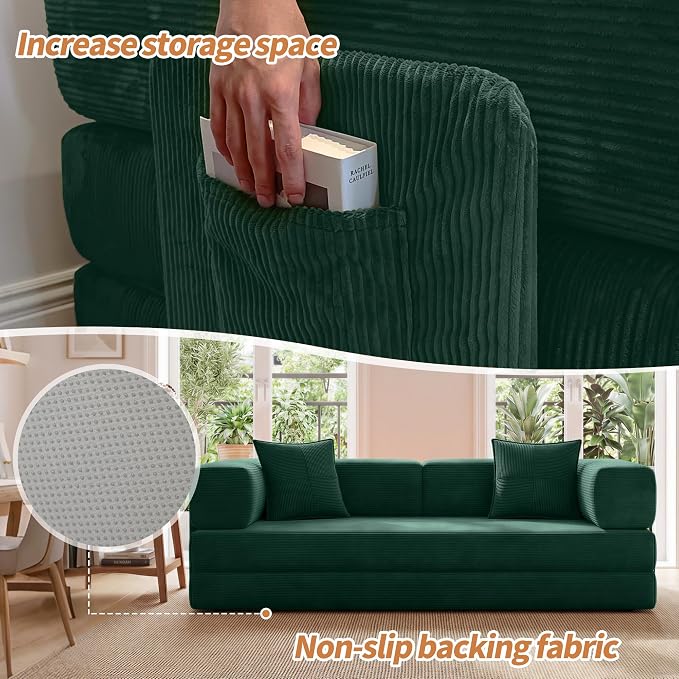 78.8" Convertible Sofa Bed with Armrest Pillow, 4-in-1 Sleeper Couch Bed for Livingroom, Modular Corduroy Boneless couches, No Assembly (Forest Green)