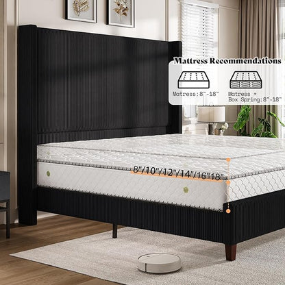 AMERLIFE Queen Size 62" Corduroy Upholstered Bed Frame, Luxurious Platform Bed with Extra Tall Wingback Headboard and Vertical Stripe, No Box Spring Needed/Solid Wood Slats & Legs/Black