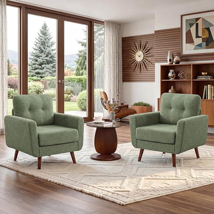 Tbfit Linen Fabric Single Sofa, Accent Chair, Mid Century Modern Armchair for Living Room, Bedroom Button Tufted Upholstered Comfy Reading Sofas, Green