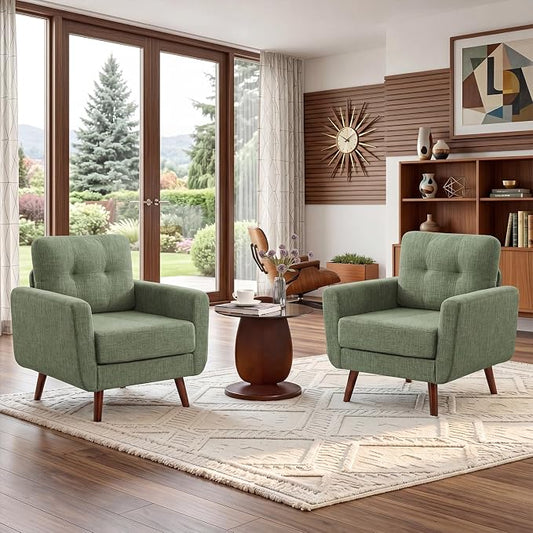 Tbfit Linen Fabric Single Sofa, Accent Chair, Mid Century Modern Armchair for Living Room, Bedroom Button Tufted Upholstered Comfy Reading Sofas, Green