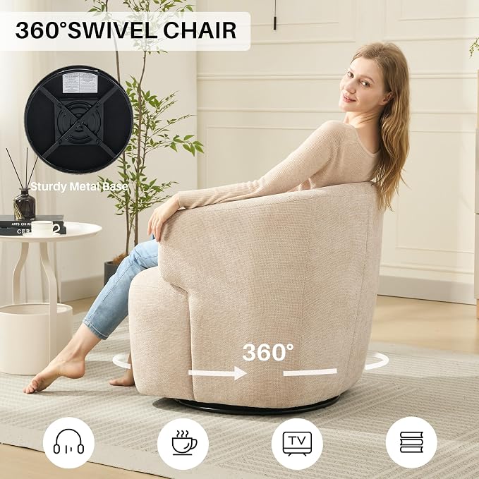 SOFTHION Swivel Accent Chair, Chenille Barrel Chair for Living Room, Cozy Round Boucle Arm Chair, Metal Base for Club Nursery Bedroom, Beige