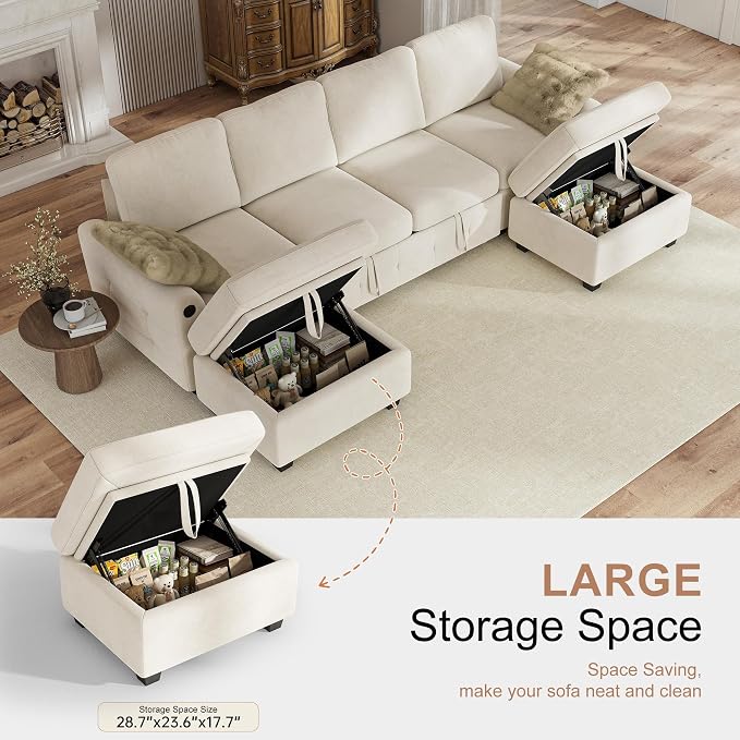 Hanherry 104" Sectional Couch with Pull Out Sofa Bed,Chenille Sleeper Sofa with Storage Ottoman & USB Charging,Comfy U Shaped Modular Couches for Living Room,Apartment
