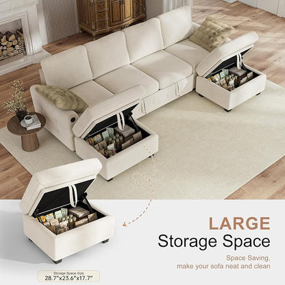 Hanherry 104" Sectional Couch with Pull Out Sofa Bed,Chenille Sleeper Sofa with Storage Ottoman & USB Charging,Comfy U Shaped Modular Couches for Living Room,Apartment