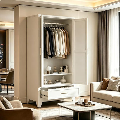 71" H White Closet,Armoire Wardrobe Closet,Metal Wardrobe Closet with Doors and Shelves,Large Wardrobe Closet for Bedroom