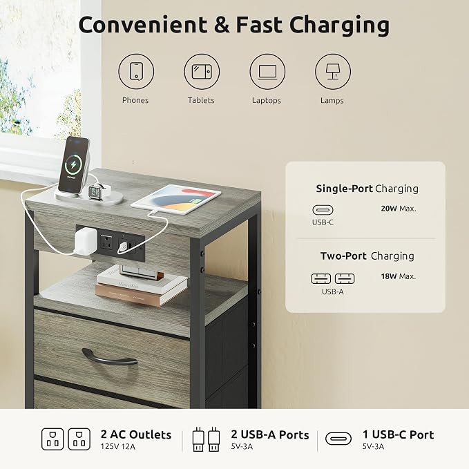 Lazzanto NightStand Bedside Charging Table Bedroom - Night Stand with Charger Station, Modern Nightstand with Open Shelf & 3 Fabric Drawers, End Table with USB-C USB Ports & AC Outlets for Dorm, Grey