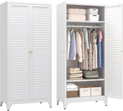 UNICOLY Metal Wardrobe Closet, 71'' Wardrobe Cabinet with Hanging Rod, Armoire Wardrobe Closet with 2 Louver Doors, Adjustable Shelves, for Bedroom, Cloak Room, School, Gym, Government, White