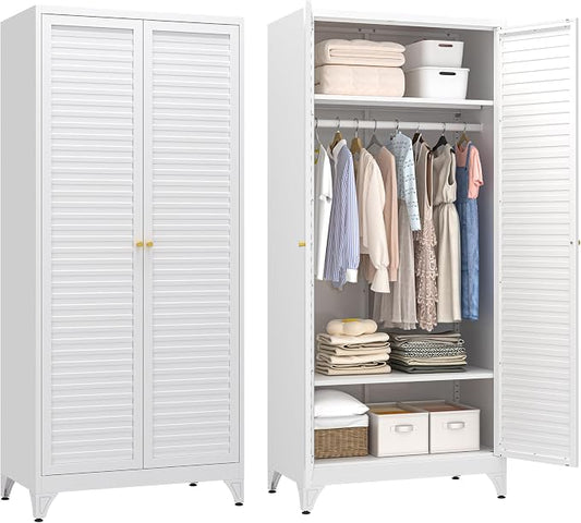 UNICOLY Metal Wardrobe Closet, 71'' Wardrobe Cabinet with Hanging Rod, Armoire Wardrobe Closet with 2 Louver Doors, Adjustable Shelves, for Bedroom, Cloak Room, School, Gym, Government, White