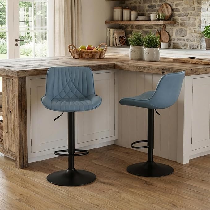 YOUTASTE Blue Bar Stools Set of 2 Adjustable Swivel Modern Barstools Luxury Upholstered Faux Leather Bar Stool Counter Height Metal Chairs with Back for Home Kitchen Island