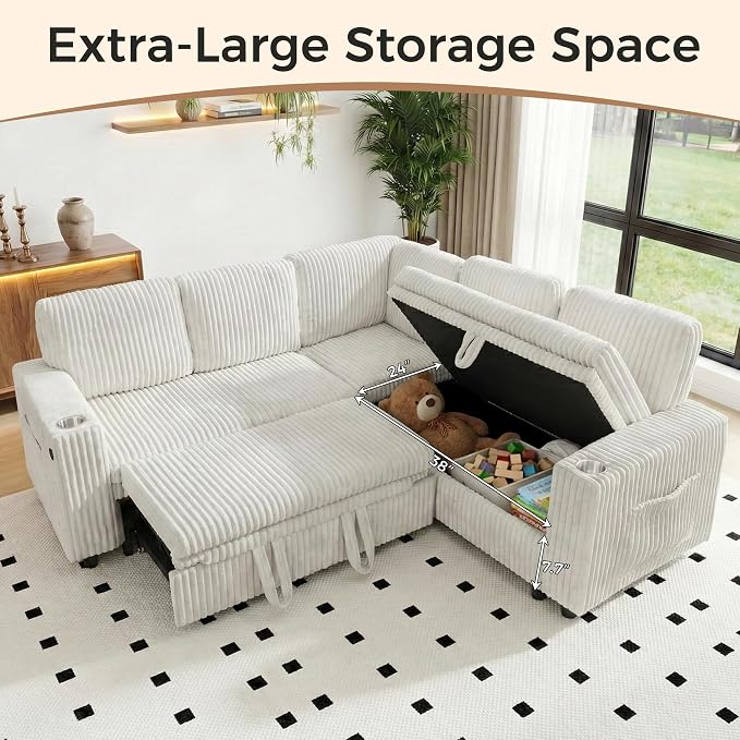 Sectional Sleeper Sofa with Pull Out Bed, Plush Corduroy 5 Seat L Shaped Couch with Storage, USB Ports, Cup Holders, Comfy Modular Sectional Couches for Living Room, Beige