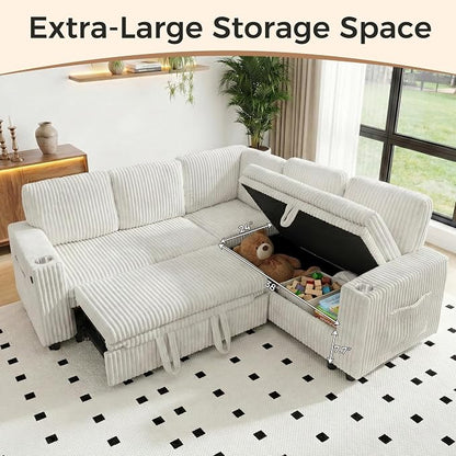 Sectional Sleeper Sofa with Pull Out Bed, Plush Corduroy 5 Seat L Shaped Couch with Storage, USB Ports, Cup Holders, Comfy Modular Sectional Couches for Living Room, Beige
