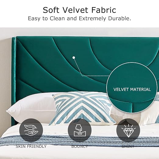 VECELO Full Bed Frame Upholstered Platform with Fabric Headboard,Wooden Slats Support/No Box Spring Needed/Mattress Foundation,Dark Green