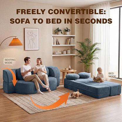 Vongrasig 77” Convertible Sofa Bed, Folding Boneless Couch, Floor Sofa 2-in-1 Curved Couch for Small Living Room, Apartment, Guest Room, Blue