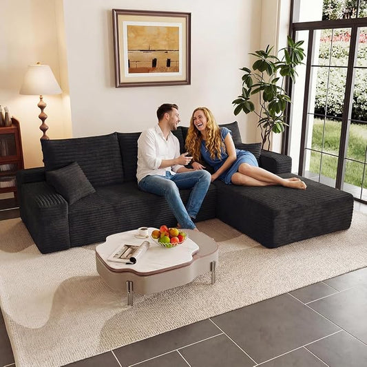 107.5" Cloud Sectional Couch L-Shaped Chaise, Comfy Corduroy Boneless Couch for Living Room Bedroom, Deep Seat Upholstered Modular Cloud Sofa Sleeper, No Assembly Required (Black, Right Facing Chaise)
