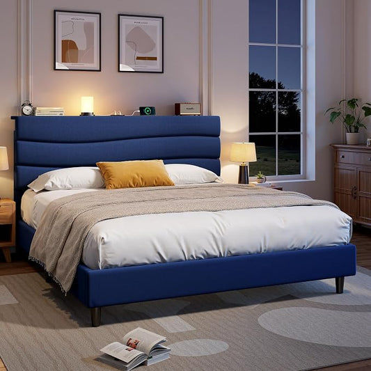 EnHomee Full Size Bed Frame with Adjustable Height Upholstered Headboard, 3 USB Charging Ports, Noise-Free Platform Bed, No Box Spring Needed,Navy Blue
