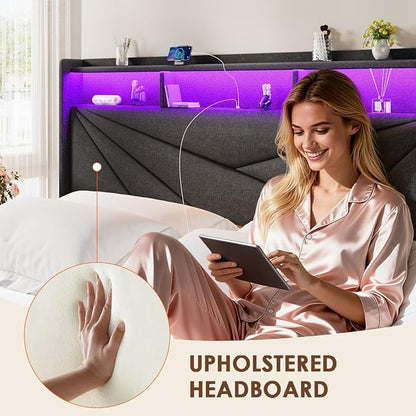 Driftalia Full Size Bed Frame with 2-Tier Storage Headboard, Upholstered Full Bed Frame with 2 Drawers, Charging Station and LED Lights, No Box Spring Needed, Easy Assembly - Dark Grey