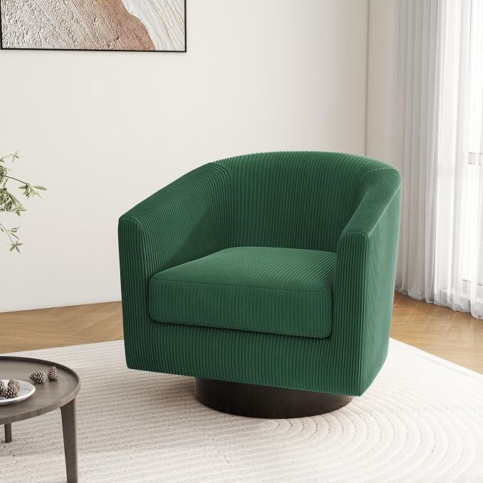 Swivel Barrel Accent Chair, Modern Round Corduroy Fabric Arm Chair for Living Room, Bedroom, Comfy Club Reading Chairs for Adults (Corduroy Dark Green, Set of 1)