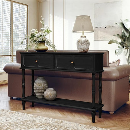 ARTPOWER Console Table with Drawers for Entryway, Mid-Century Entryway Table with Storage, Black Narrow Entryway Table with Open Shelf Behind Sofa for Living Room, Foyer, Hallway
