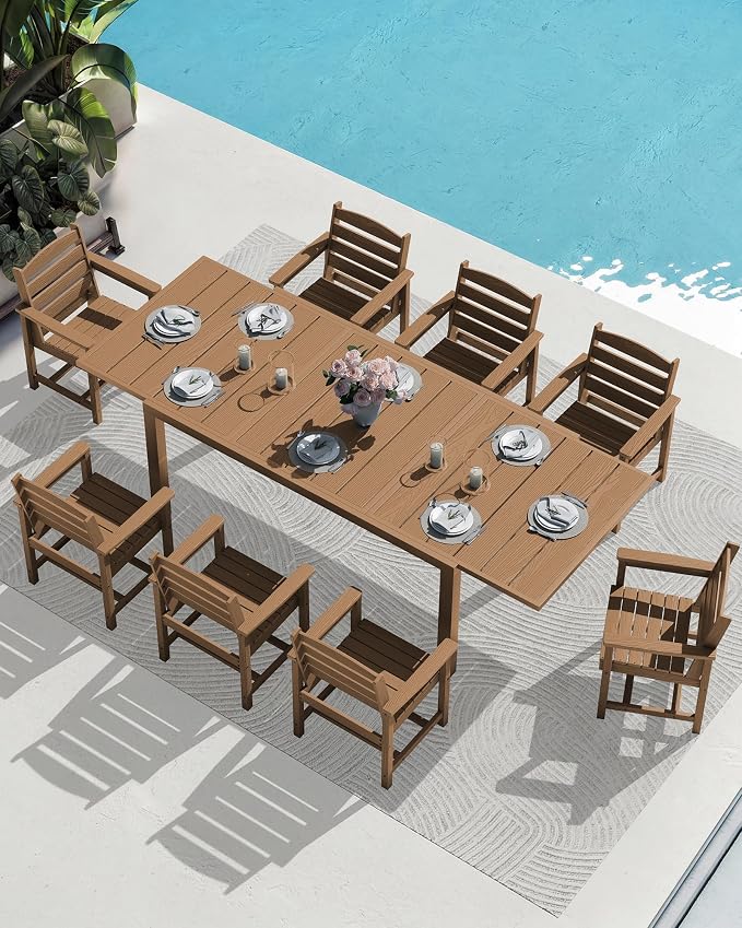 SERWALL 10-Piece Patio Dining Sets with 15FT Patio Umbrella, Brown | 60" - 83" Expandable Outdoor Dining Table and 8 HDPE Chairs, All Weather HDPE Outdoor Furniture Set