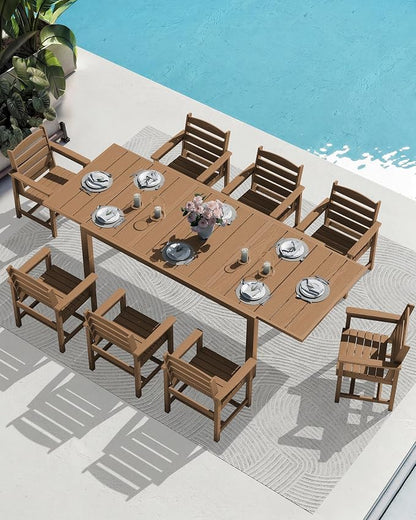 SERWALL 10-Piece Patio Dining Sets with 15FT Patio Umbrella, Brown | 60" - 83" Expandable Outdoor Dining Table and 8 HDPE Chairs, All Weather HDPE Outdoor Furniture Set
