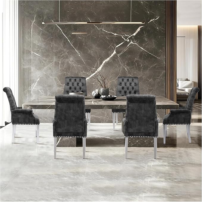 AODCHR Upholstered Velvet Accent Dining Chair, Elegant Tufted Dining Room Kitchen Room Arm Chair with Stainless Steel Leg, Dark Grey