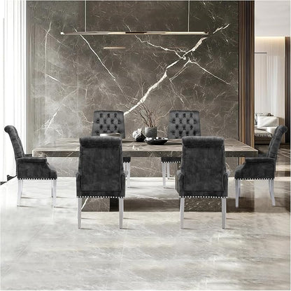 AODCHR Upholstered Velvet Accent Dining Chair, Elegant Tufted Dining Room Kitchen Room Arm Chair with Stainless Steel Leg, Dark Grey