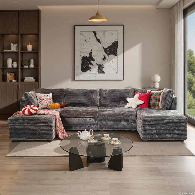 ovios Modular Sectional Sofa Couch with U-Shape Chaise Ottomans, Comfy Plush Corduroy Cloud Couches, Modern Luxury Deep Seat Sofas Set for Living Room, 6-Seater, Grey