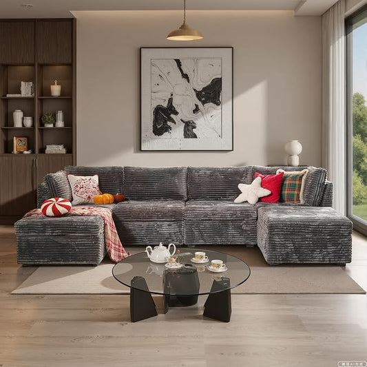 ovios Modular Sectional Sofa Couch with U-Shape Chaise Ottomans, Comfy Plush Corduroy Cloud Couches, Modern Luxury Deep Seat Sofas Set for Living Room, 6-Seater, Grey