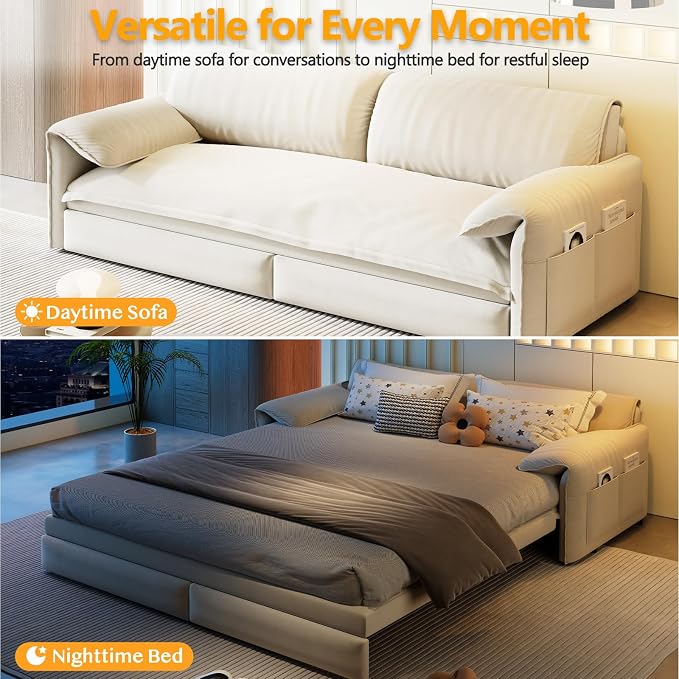 63.8" Sofa Bed Queen Size, Pull Out Couch Bed, 3-in-1 Convertible Sleeper Sofa with Side Pocket, Modern Velvet Futon Couch for Living Room, Small Space, Apartment, Bedroom, Beige