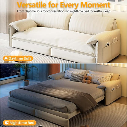 63.8" Sofa Bed Queen Size, Pull Out Couch Bed, 3-in-1 Convertible Sleeper Sofa with Side Pocket, Modern Velvet Futon Couch for Living Room, Small Space, Apartment, Bedroom, Beige
