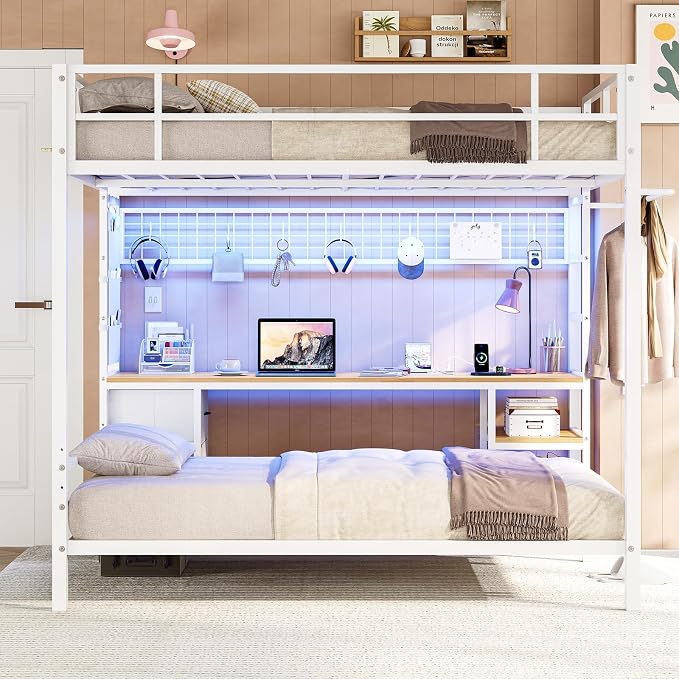 DICTAC Bunk Bed Full Over Twin with Desk and Led Lights Metal Full Over Twin Size Bunk Bed with Charging Station,Storage Shelves and Drawer,Bunk Beds for Teen/Adult with Safety Guard & Ladder,White
