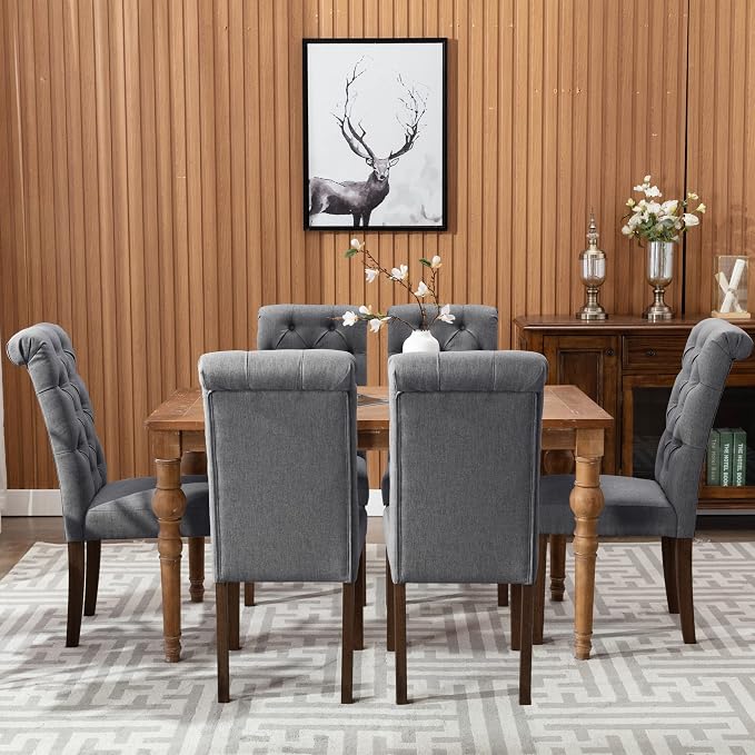 COLAMY Button Tufted Dining Chairs Set of 2, Parsons Upholstered Fabric Dining Room Chairs Kitchen Chairs with Wood Legs and Padded Seat, Dark Grey