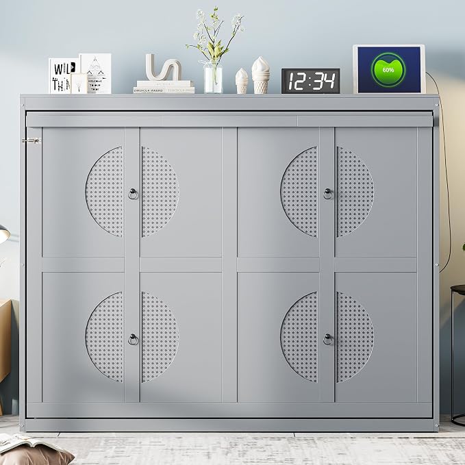 Ball & Cast Queen Size Murphy Bed with Charging Station and Slat Support,Wood Hideaway Cabinet Platform Beds w/Leg & Lock,can be Folded,Space-Saving,for Small Room,Dorms,Gray