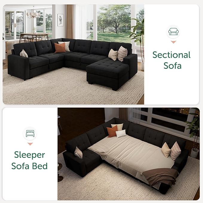 HONBAY Modular Sectional Sleeper Sofa with Pull Out Bed, U Shaped Sleeper Couches with Storage Chaise, 114'' Sleeper Sectional Sofas for Living Room, Apartment (Velvet Black)