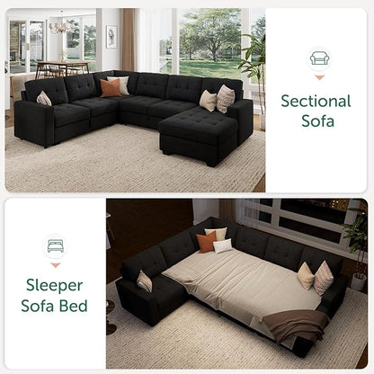 HONBAY Modular Sectional Sleeper Sofa with Pull Out Bed, U Shaped Sleeper Couches with Storage Chaise, 114'' Sleeper Sectional Sofas for Living Room, Apartment (Velvet Black)