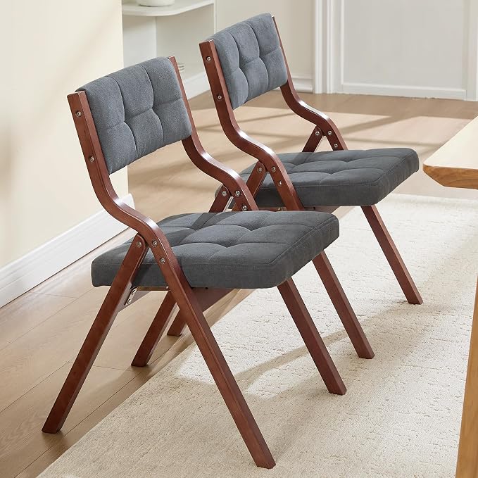 Folding Chairs with Cushion Set of 6,Padded Foldable Dining Chairs,Portable Wooden Folding Dining Chairs for Dining Room Kitchen Wedding Party Indoor Linen Walnut Darkgrey