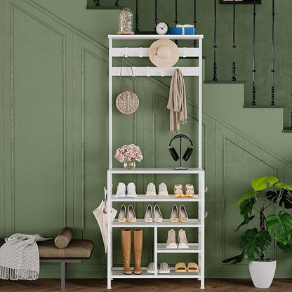 GiftGo Modern White Large 5-Tier Hall Tree Entryway Wooden Shoes Rack Shelf Coat Rack with Movable 9 Metal Hooks Storage Organizer for Home Office Bedroom Mudroom Living Room
