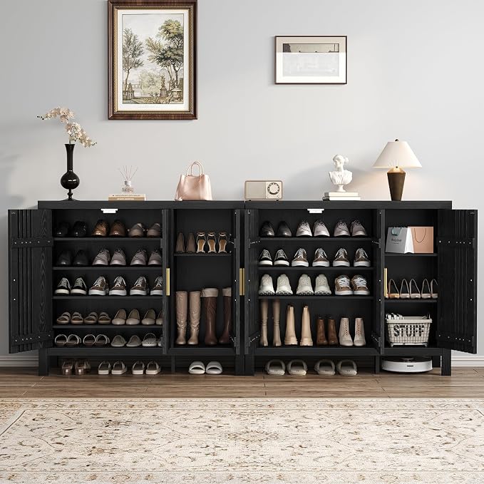UNIQUITE Wooden Shoes Cabinet with 3 Doors and Adjustable Shelves, Retro Freestanding Shoe Organizer Cabinet for Entryway Hallway Living Room, 5-Tier Shoe Cabinet for 30 Pairs, Black