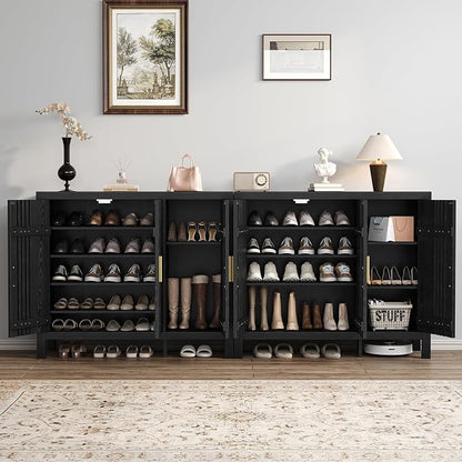 UNIQUITE Wooden Shoes Cabinet with 3 Doors and Adjustable Shelves, Retro Freestanding Shoe Organizer Cabinet for Entryway Hallway Living Room, 5-Tier Shoe Cabinet for 30 Pairs, Black
