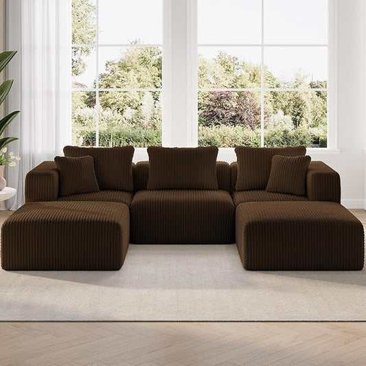 Novilla 106" Modular Sectional Sofa, Modern Cloud Sectional Couch with Smarts Coil® Support, U-Shape Boneless Couch for Living Room Apartments, No Assembly Required, Brown (3 Seat w/ 2 Ottoman)