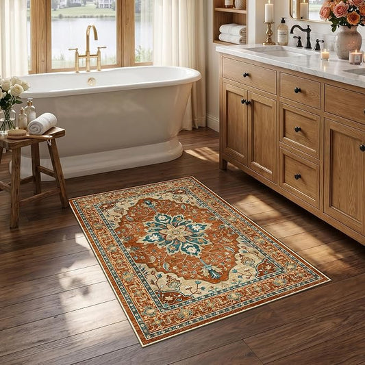 RELEANY Area Rugs Small 2'6"x4' Washable Non-Slip, Floral Vintage Distress Medallion Carpet for Kitchen Entryway Bathroom, Red Orange Blue Brown