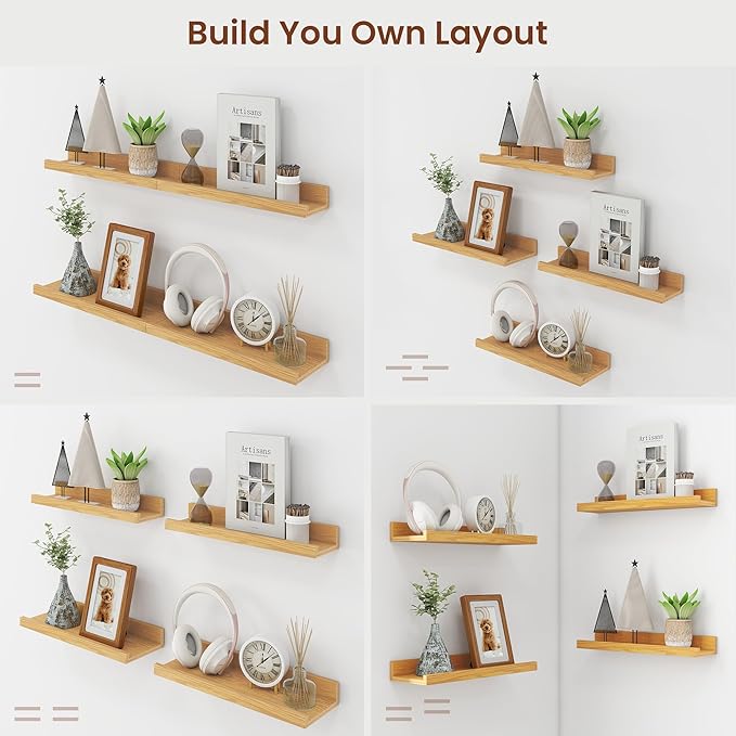 Axeman Oak Picture Ledge Shelf Set of 4 | 16'' Floating Shelves with Lip, Rustic Wood Wall Shelves with Ledge for Pictures Photos Nursery Books