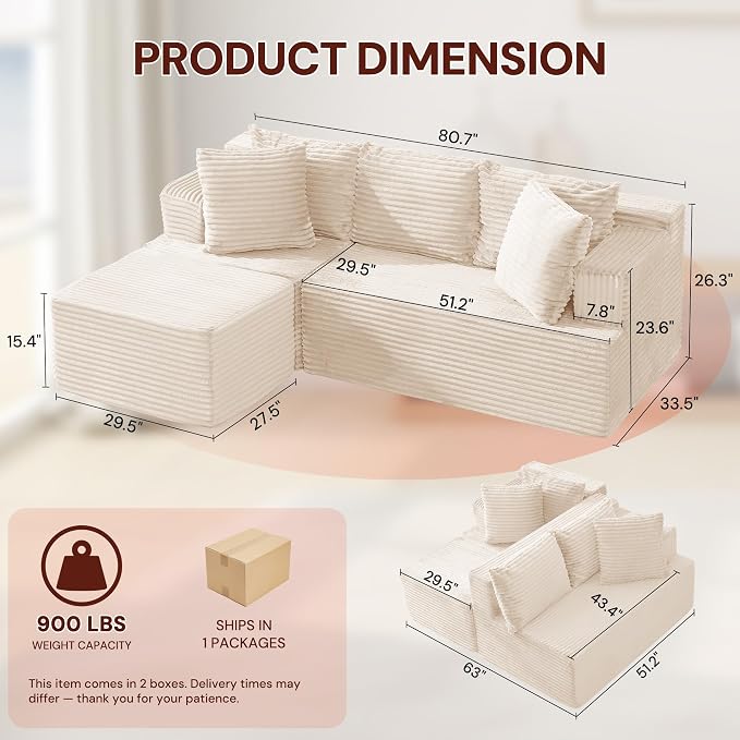Korser Boneless Couches for Living Room, Cloud Couch Sectional with Ottoman, L-Shaped Sofa with Fluffy Comfy Corduroy Deep Seat, Bedroom, Apartment, No Assembly Required