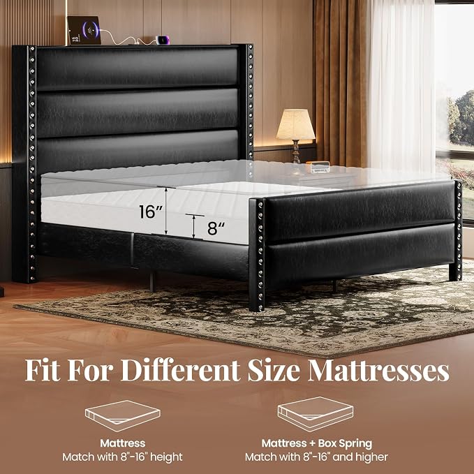 Queen Bed Frame with Storage Shelf & Charging Station, 55" Tall Headboard & 25.6" Footboard, Faux Leather Upholstered Platform Bed with Big Rivets Wingback, Heavy Duty & Noise-Free, Black
