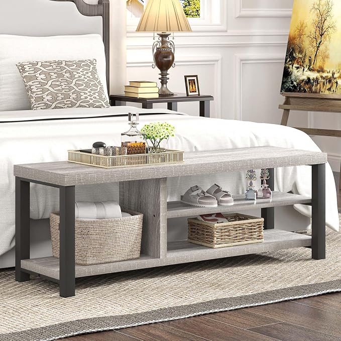 FOLUBAN Shoe Storage Bench, Rustic Wood Entryway Bench for Hallway Entrance, Vintage Indoor Bench with Shoe Storage and Seating for Bedroom Living Room, Light Grey, 47 Inch