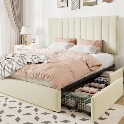 Allewie Full Size Storage Bed Frame, Vertical Channel Tufted Adjustable Headboard, Velvet Upholstered Platform Bed with 4 Oversized Underbed Drawers, Wooden Slats Support, No Box Spring Needed, Cream