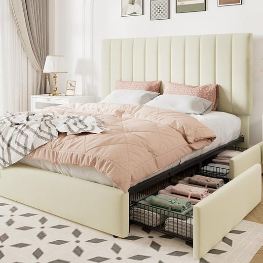 Allewie Full Size Storage Bed Frame, Vertical Channel Tufted Adjustable Headboard, Velvet Upholstered Platform Bed with 4 Oversized Underbed Drawers, Wooden Slats Support, No Box Spring Needed, Cream